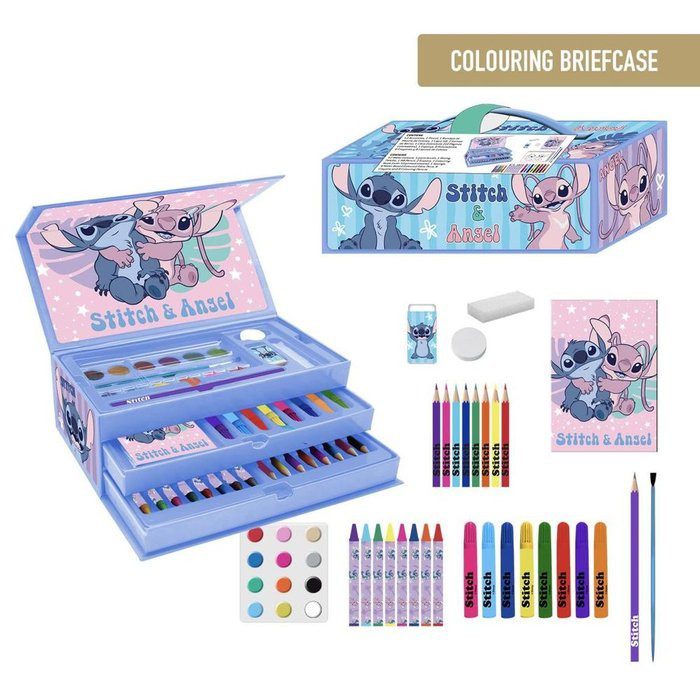 estuche set coloreables 01 Set de Dibujo y Colores Stitch & Angel –52 Piezas - Imagen 1