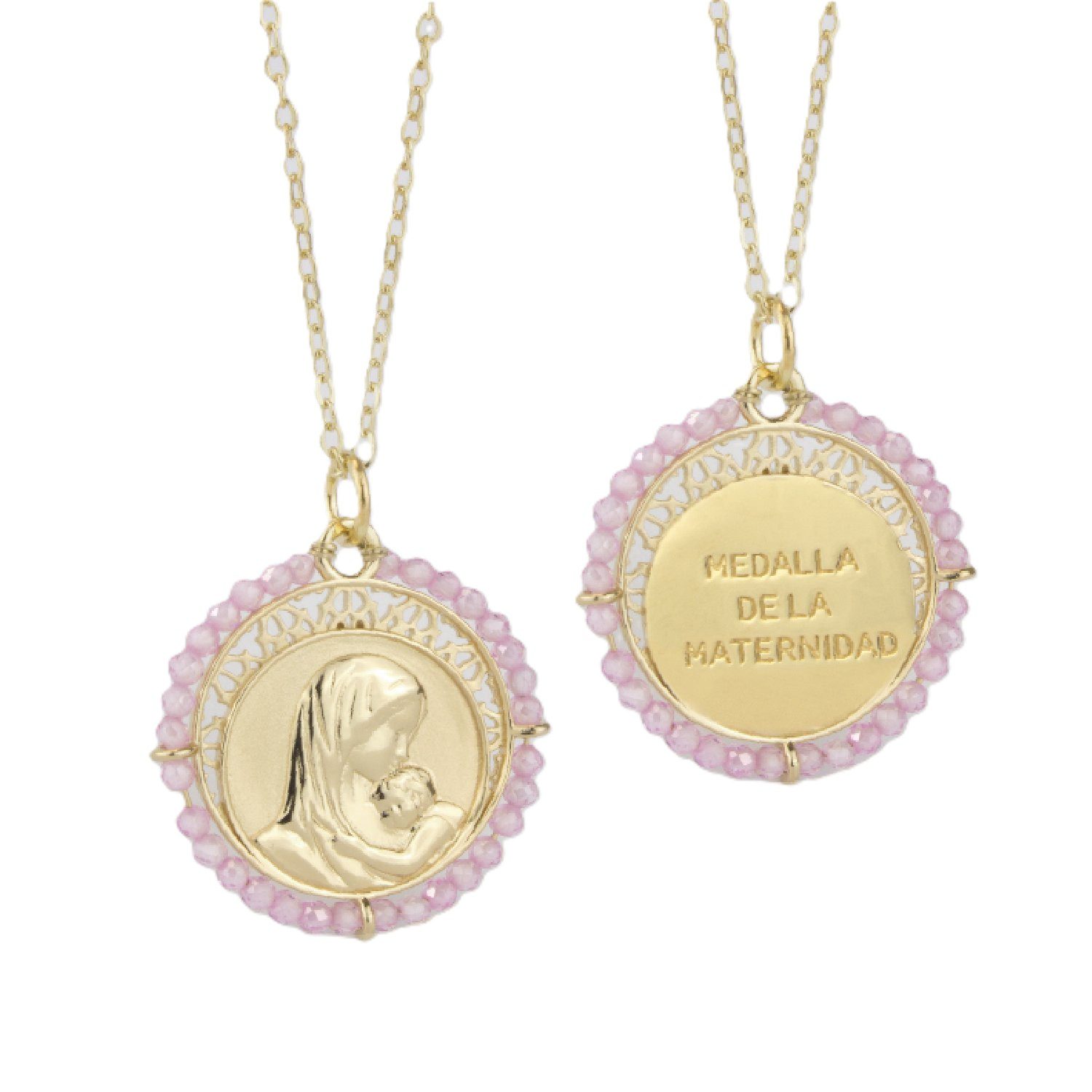 gargantilla-de-plata-de-ley-medalla-de-la-maternidad 33 Gargantilla Maternidad en Plata chapada en oro con cuarzo rosa - Imagen 1