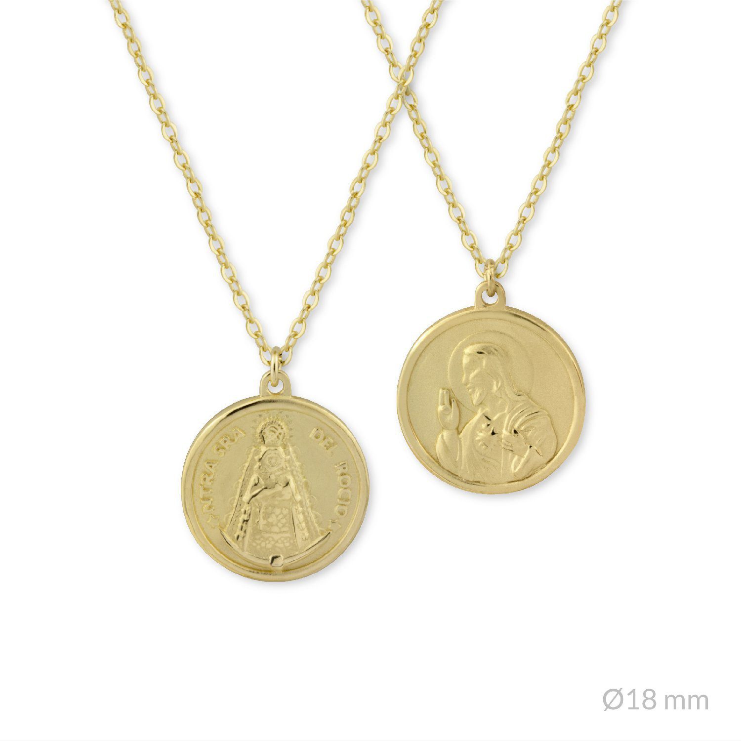 gargantilla-de-plata-de-ley-virgen-del-rocio-sagrado-corazon (1) Medalla Virgen del Rocío y Corazón de Jesús – Chapada en oro - Imagen 1