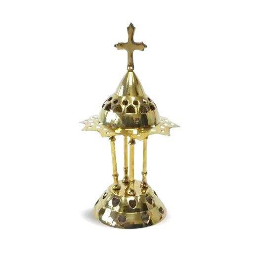 Quemador de incienso dorado con cruz 12 cm | Incensario metálico con tapa Portavela dorado con cruz 12 cm - Imagen 1