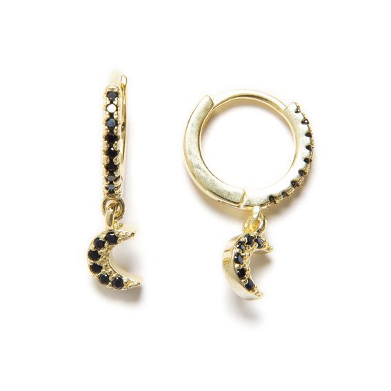 Aros de Plata de Ley con Baño de Oro, Circonitas Negras y Colgante Luna – 17x11 mm Aros de Plata de Ley con Baño de Oro, Circonitas Negras y Colgante Luna – 17x11 mm - Imagen 1