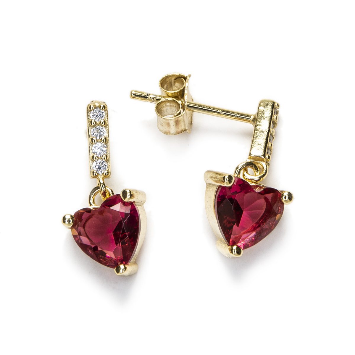 Pendientes de Plata de Ley con Baño de Oro y Circonita corazón rojo Pendientes de Plata de Ley con Baño de Oro y Circonita corazón rojo - Imagen 1